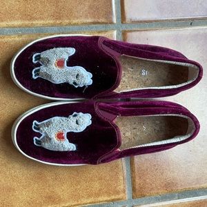 Soludos burgundy velvet llama shoes